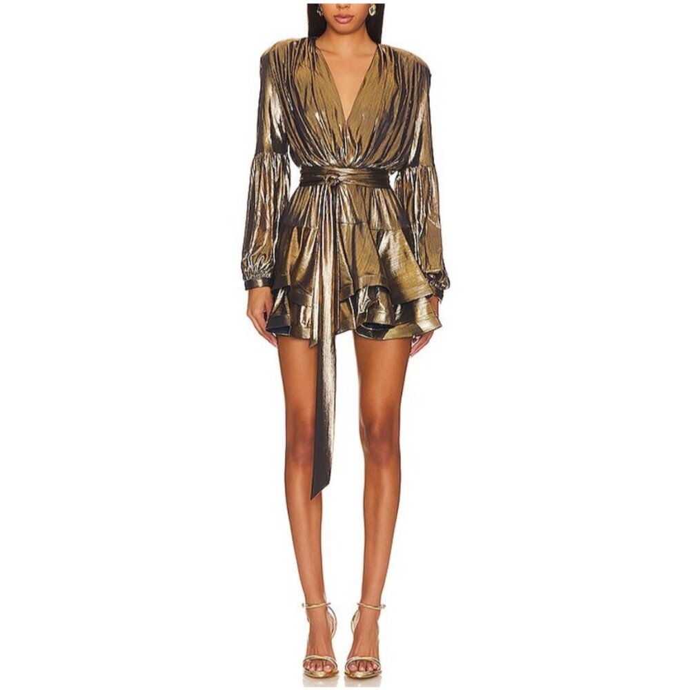 Bronx & Banco Bedouin Metallic Gold Tie Waist Mini Dress